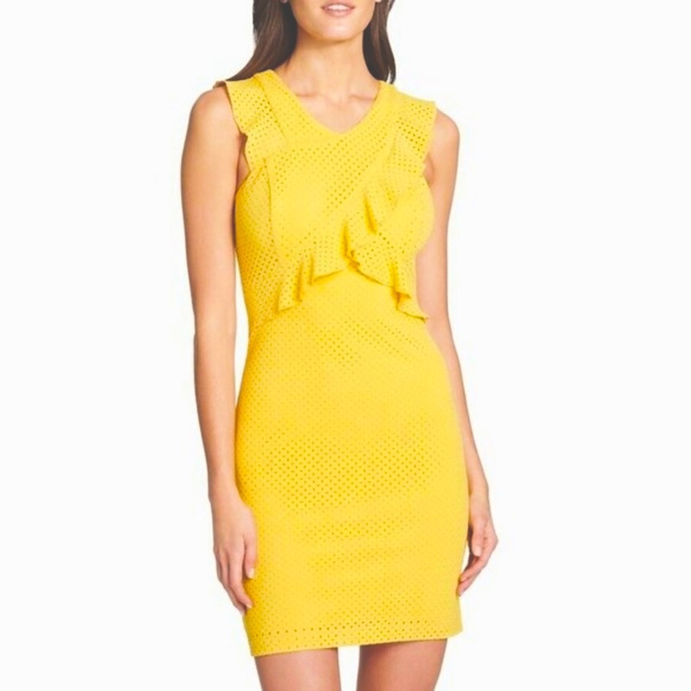 Guess ruffle top eyelet bright yellow midi dress